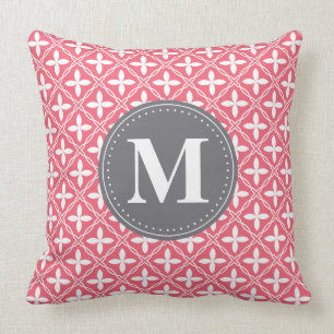 Monogrammed Pink White Floral Lattice Pattern Cushion