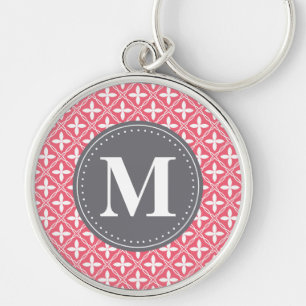 Monogrammed Pink White Floral Lattice Pattern Key Ring