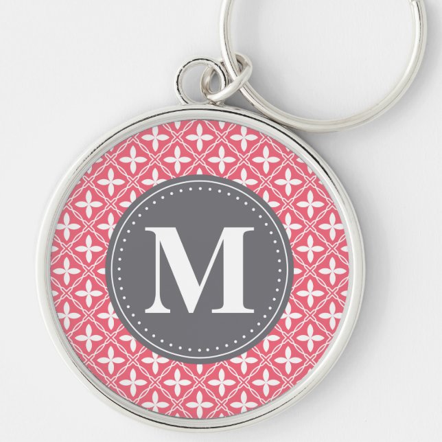 Monogrammed Pink White Floral Lattice Pattern Key Ring (Front)