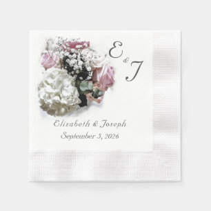 Monogrammed Pink & White Floral Wedding Napkin
