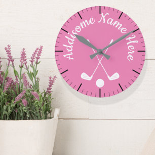 Monogrammed Pink White golfball club  Round Clock