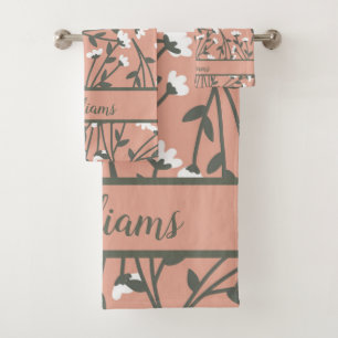 Monogrammed Pink White Green Floral  Bath Towel Set