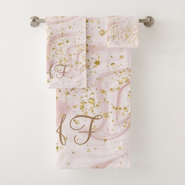 Monogrammed Pink White Marble Swirl Gold Glitter Bath Towel Set (Insitu)