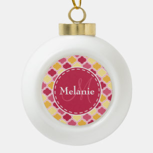 Monogrammed Pink Yellow Quatrefoil Ceramic Ball Christmas Ornament