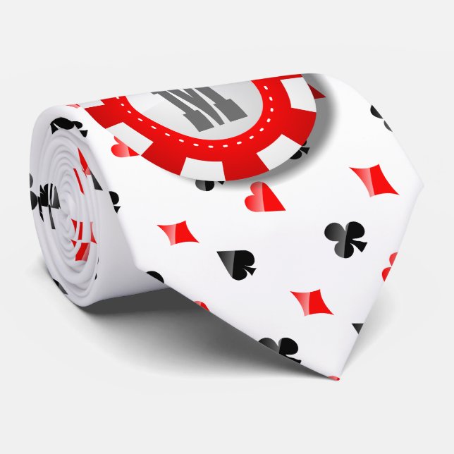 Monogrammed Poker Chip With Playing Cards Suits Tie (Rolled)
