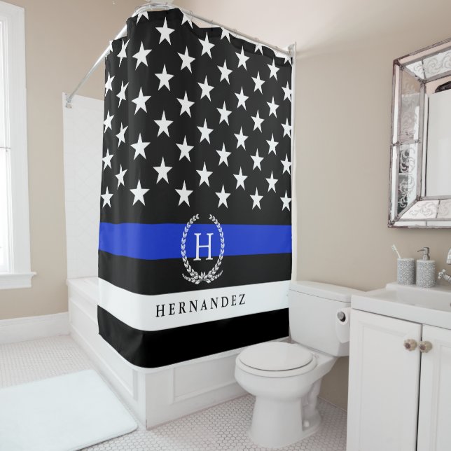 Monogrammed Police Styled American Flag Shower Curtain (In Situ)