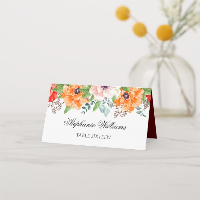 Monogrammed Poppy Flowers Place Card (Front)