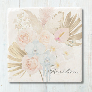Monogrammed Pretty Summer Flower Bouquet Floral Stone Coaster