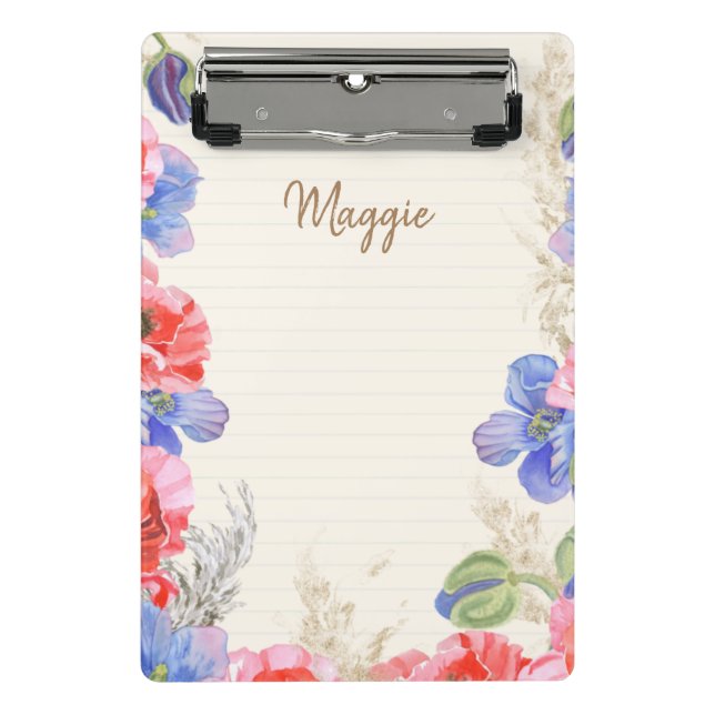 Monogrammed pretty watercolor flowers and lines mini clipboard (Front)
