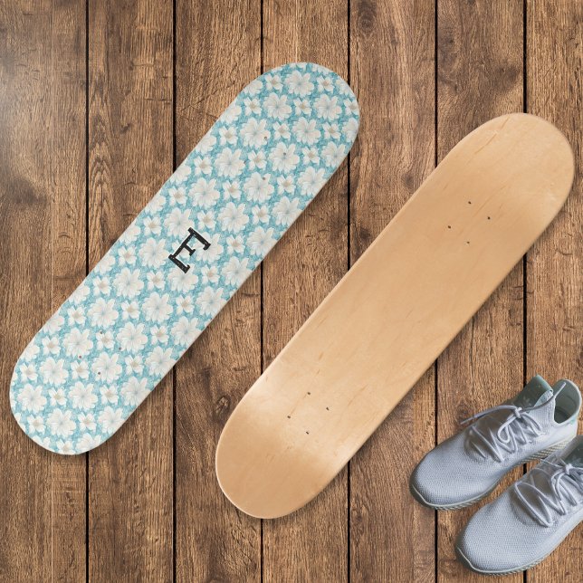 Monogrammed Pretty White Flowers Patterned Floral Skateboard (A pretty monogrammed skateboard, with retro pattern of white flowers on light blue)
