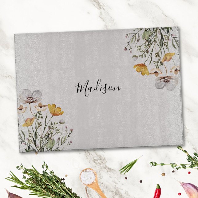 Monogrammed Pretty Wildflower Bouquet Cutting Board (In situ)
