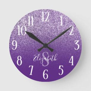 Monogrammed Purple and Amethyst Glitter Ombre Round Clock