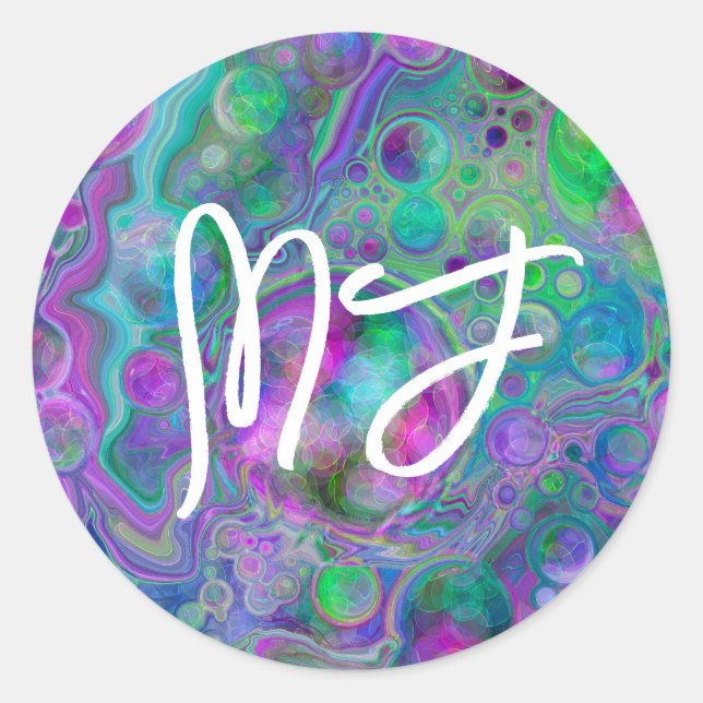 Monogrammed Purple and Blue Pour Painting Classic Round Sticker (Front)