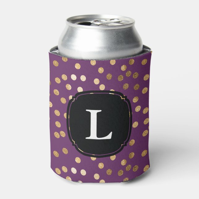 Monogrammed Purple and Gold Glitter Polka Dot Can Cooler (Can Front)