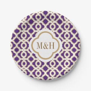 Monogrammed Purple and Gold Moroccan Wedding Paper Plate
