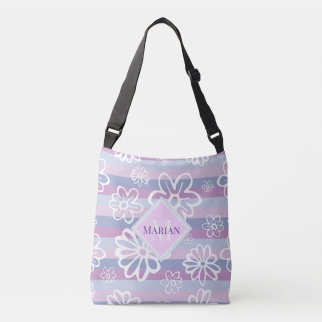 Monogrammed Purple And White Floral Tote Bag (Front)