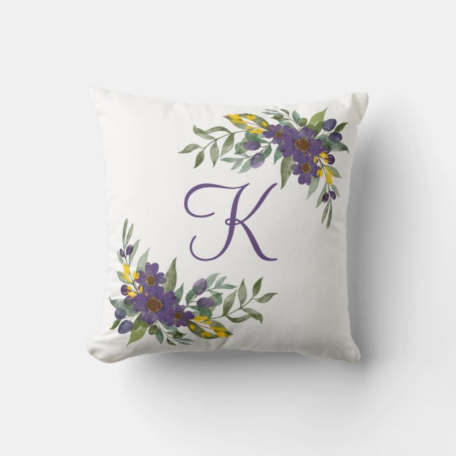 Monogrammed Purple and Yellow Floral Cushion (Front)