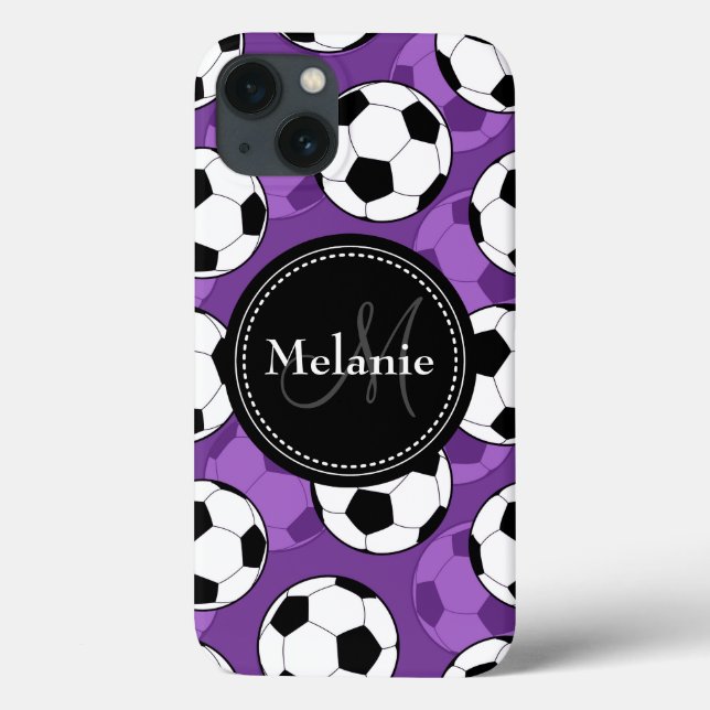 Monogrammed Purple Black Soccer Ball Pattern Case-Mate iPhone Case (Back)