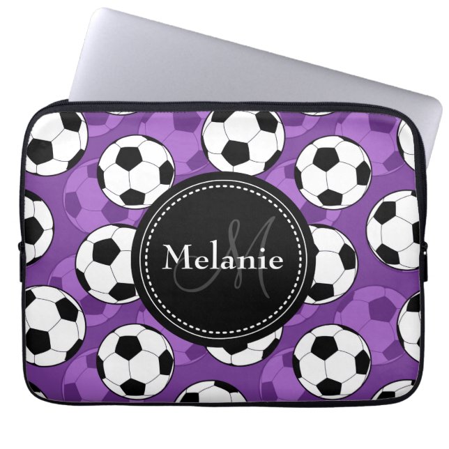 Monogrammed Purple Black Soccer Ball Pattern Laptop Sleeve (Front)