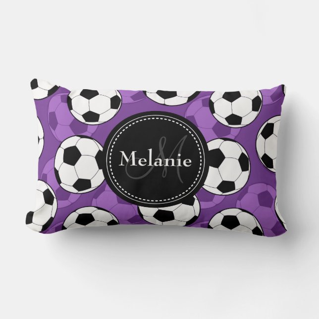 Monogrammed Purple Black Soccer Ball Pattern Lumbar Cushion (Front)
