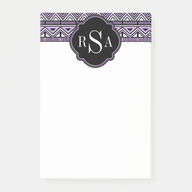 Monogrammed Purple Black Tribal Pattern Post-it Notes (Front)