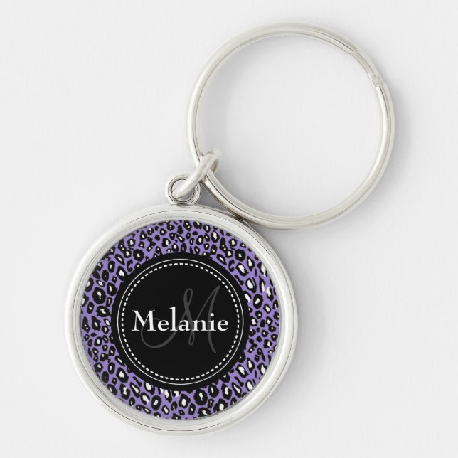Monogrammed Purple Black White Leopard Pattern Key Ring (Front)