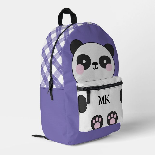 Monogrammed Purple Cute Panda Kids Printed Backpack (Back Corner Left)