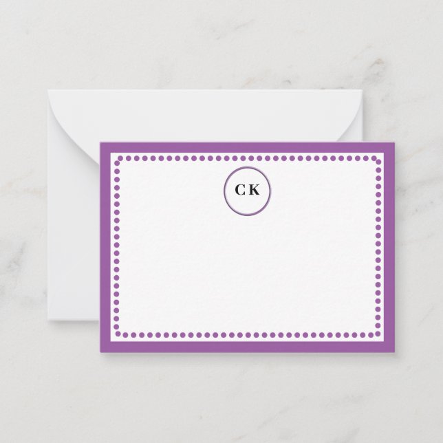 Monogrammed Purple Dotted Border Custom Initials Card (Front)