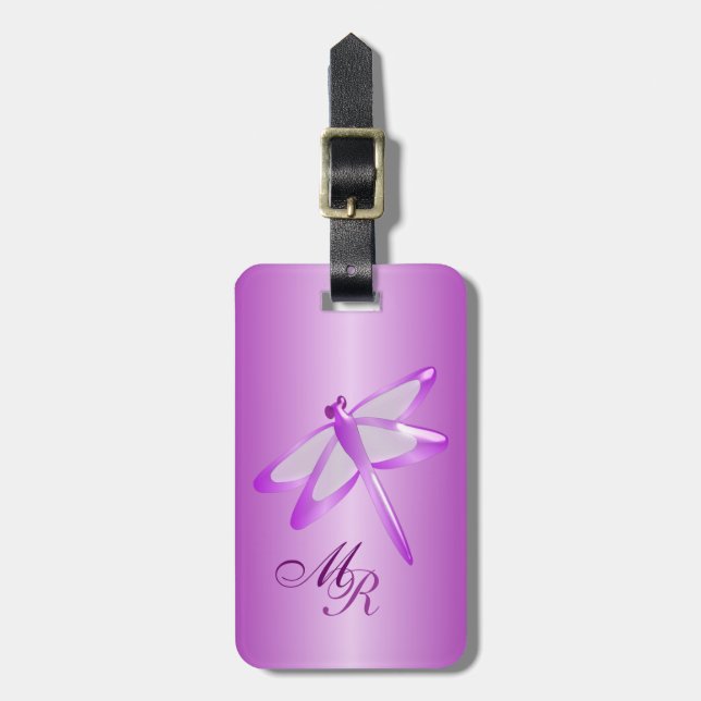 Monogrammed Purple Dragonfly Luggage Tag (Front Vertical)