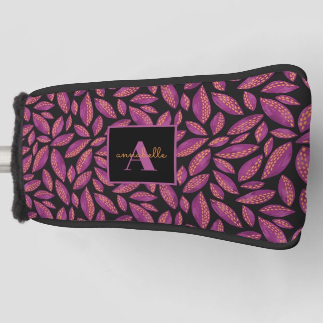 Monogrammed Purple Fall Leaves Pattern Golf Head Cover (Front)