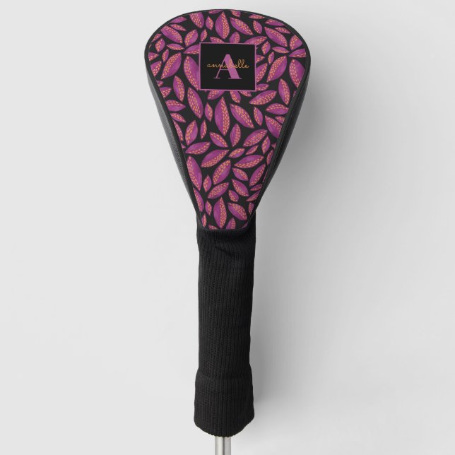Monogrammed Purple Fall Leaves Pattern Golf Head Cover (Front)