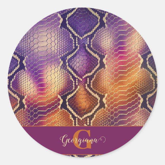 Monogrammed Purple & Gold Shimmering Snake Skin Classic Round Sticker (Front)