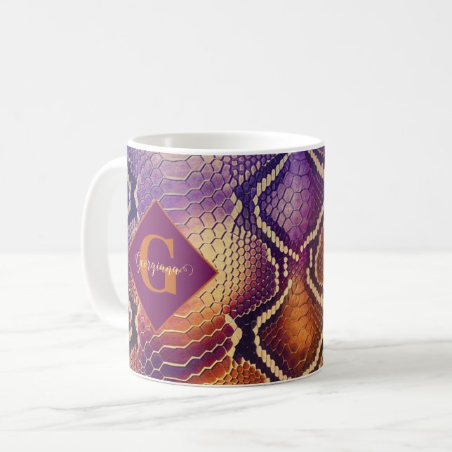 Monogrammed Purple & Gold Shimmering Snake Skin Coffee Mug (Front Left)