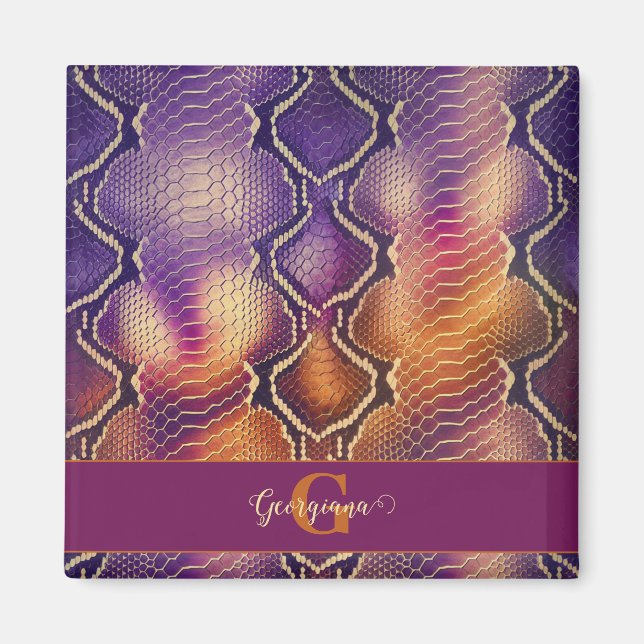 Monogrammed Purple & Gold Shimmering Snake Skin Magnet (Front)
