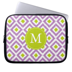 Monogrammed Purple Green Diamond Ikat Pattern Laptop Sleeve
