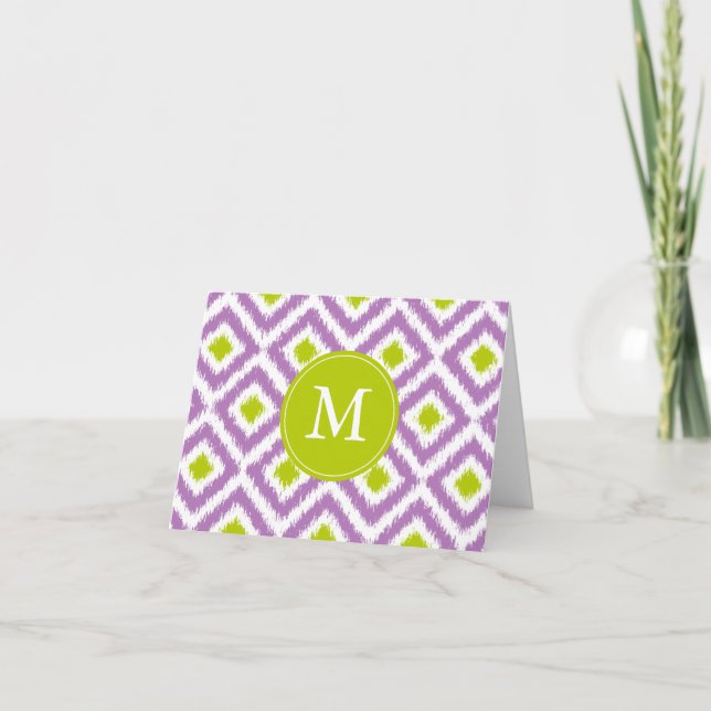 Monogrammed Purple Green Diamonds Ikat Pattern Note Card (Front)