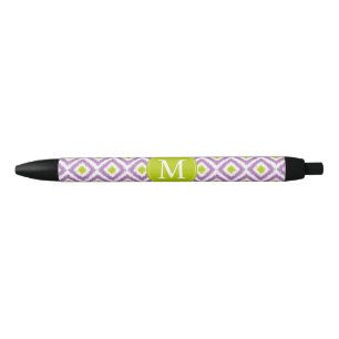 Monogrammed Purple Green Ikat Pattern Black Ink Pen