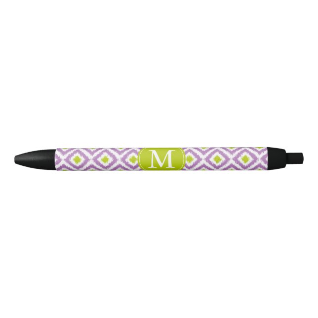 Monogrammed Purple Green Ikat Pattern Black Ink Pen (Front)