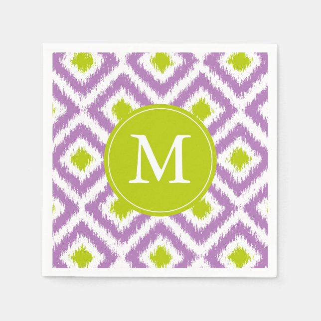 Monogrammed Purple Green Ikat Pattern Napkin (Front)