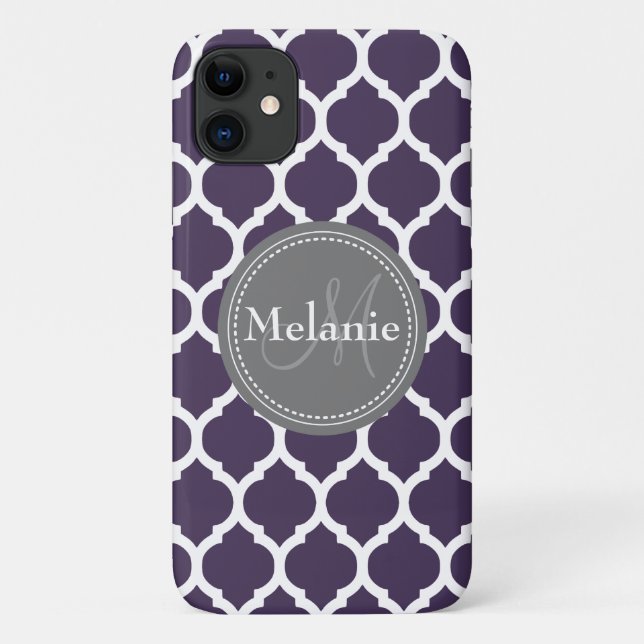 Monogrammed Purple & Grey Quatrefoil Case-Mate iPhone Case (Back)