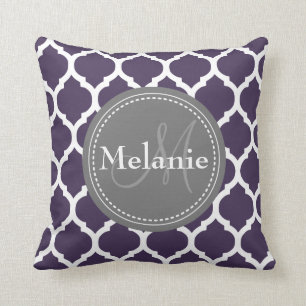 Monogrammed Purple & Grey Quatrefoil Cushion