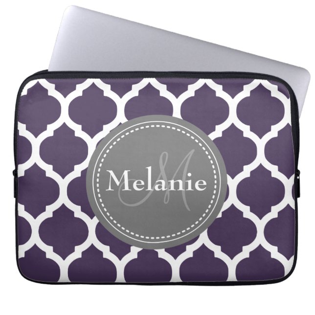 Monogrammed Purple & Grey Quatrefoil Laptop Sleeve (Front)