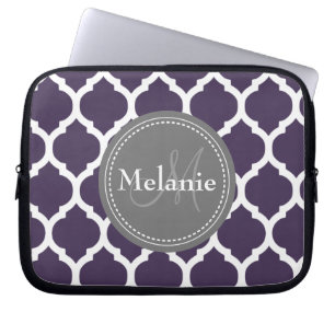 Monogrammed Purple & Grey Quatrefoil Laptop Sleeve