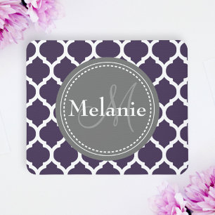Monogrammed Purple & Grey Quatrefoil Mouse Pad