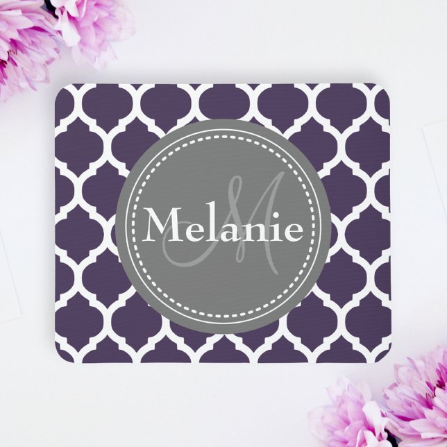 Monogrammed Purple & Grey Quatrefoil Mouse Pad (Creator Uploaded)