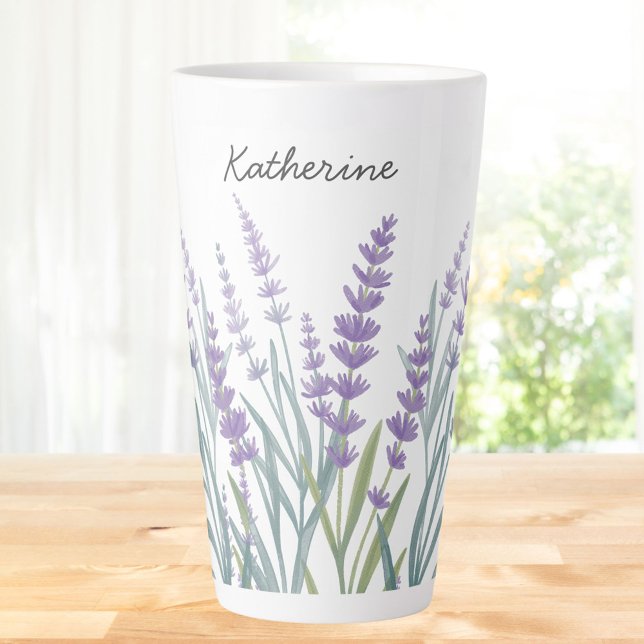 Monogrammed Purple Lavender Watercolor Floral Latte Mug (In situ)
