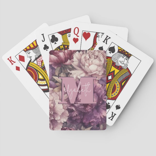 Monogrammed Purple Peonies Playing Cards (Back)