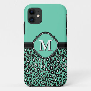 Monogrammed Quatrefoil Mint Leopard Spots iPhone 11 Case