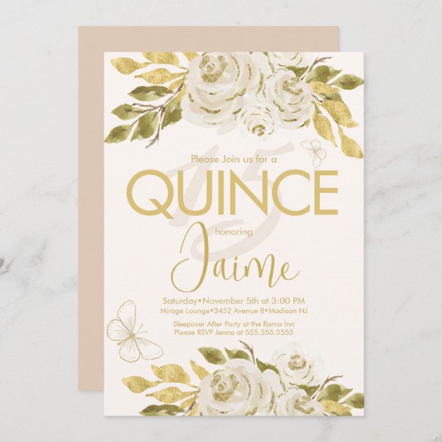 Monogrammed Quince Ivory Rose Pink Florals Invitation (Front/Back)