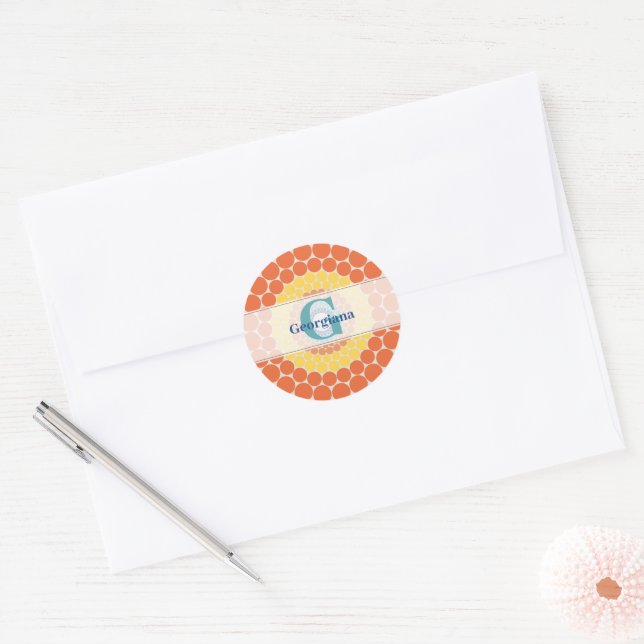 Monogrammed Radiant Aegean Summer Dot Mandala Classic Round Sticker (Envelope)